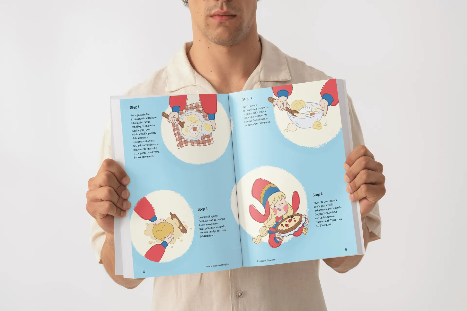 Illustrated recipe book held by a guy
