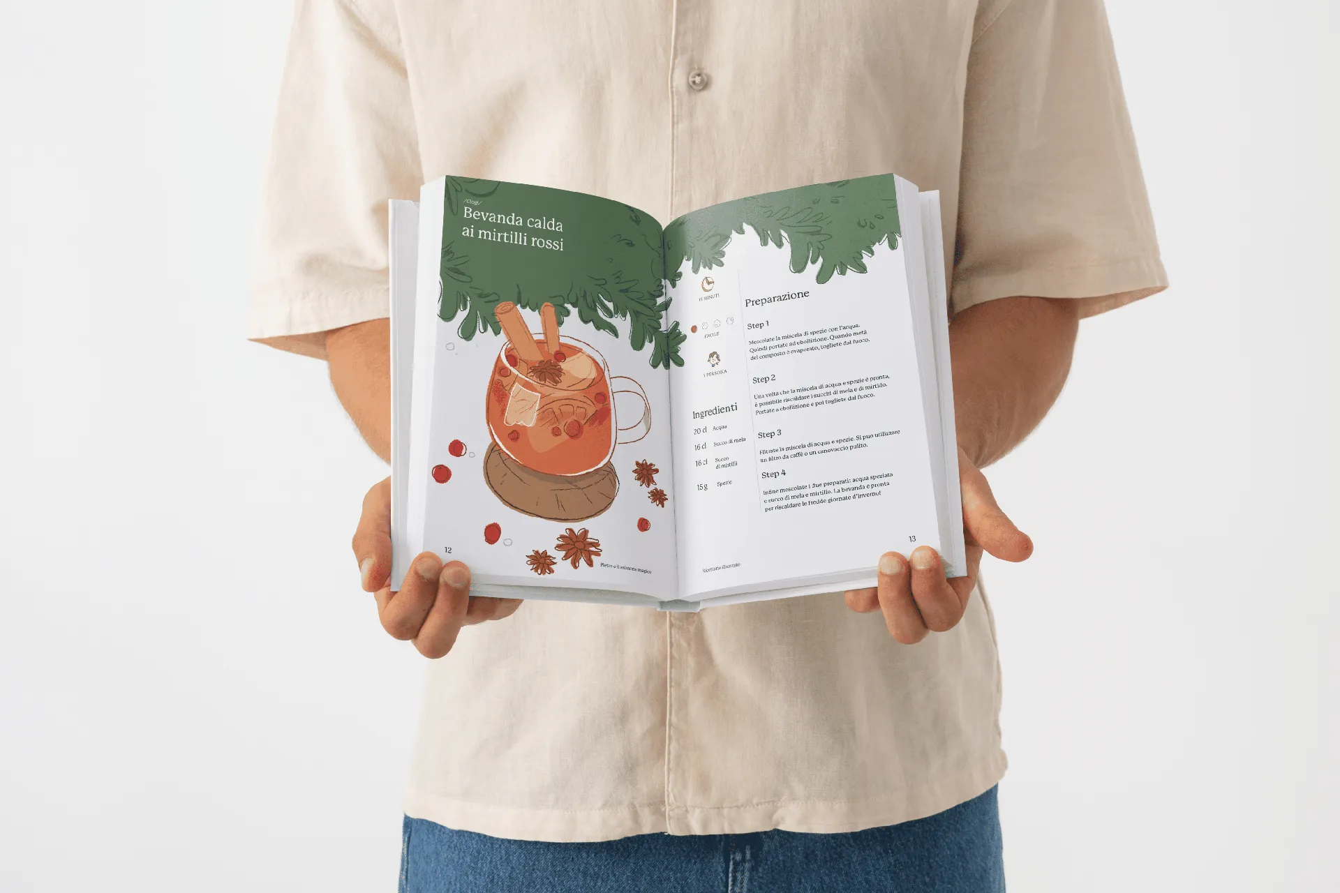 Illustrated recipe book held by a guy
